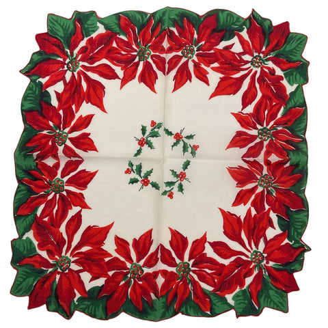 Vintage Ladies Christmas Handkerchief Red Poinsettias Scallop Edge Hankie