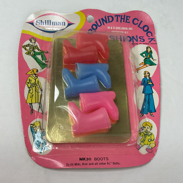 Vintage 1960s Plastic Boots 3 Pairs for Miki or Kim Doll Red Blue Pink