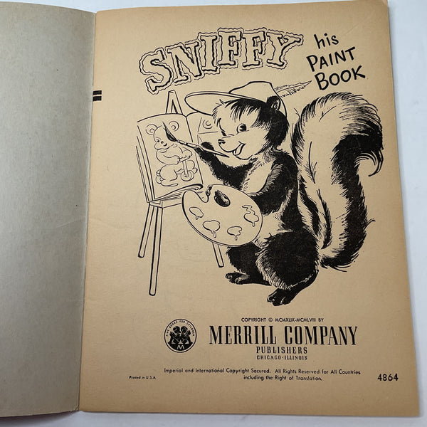 Vintage 1957 Children’s Paint Book Sniffy the Skunk Merrill No. 4864