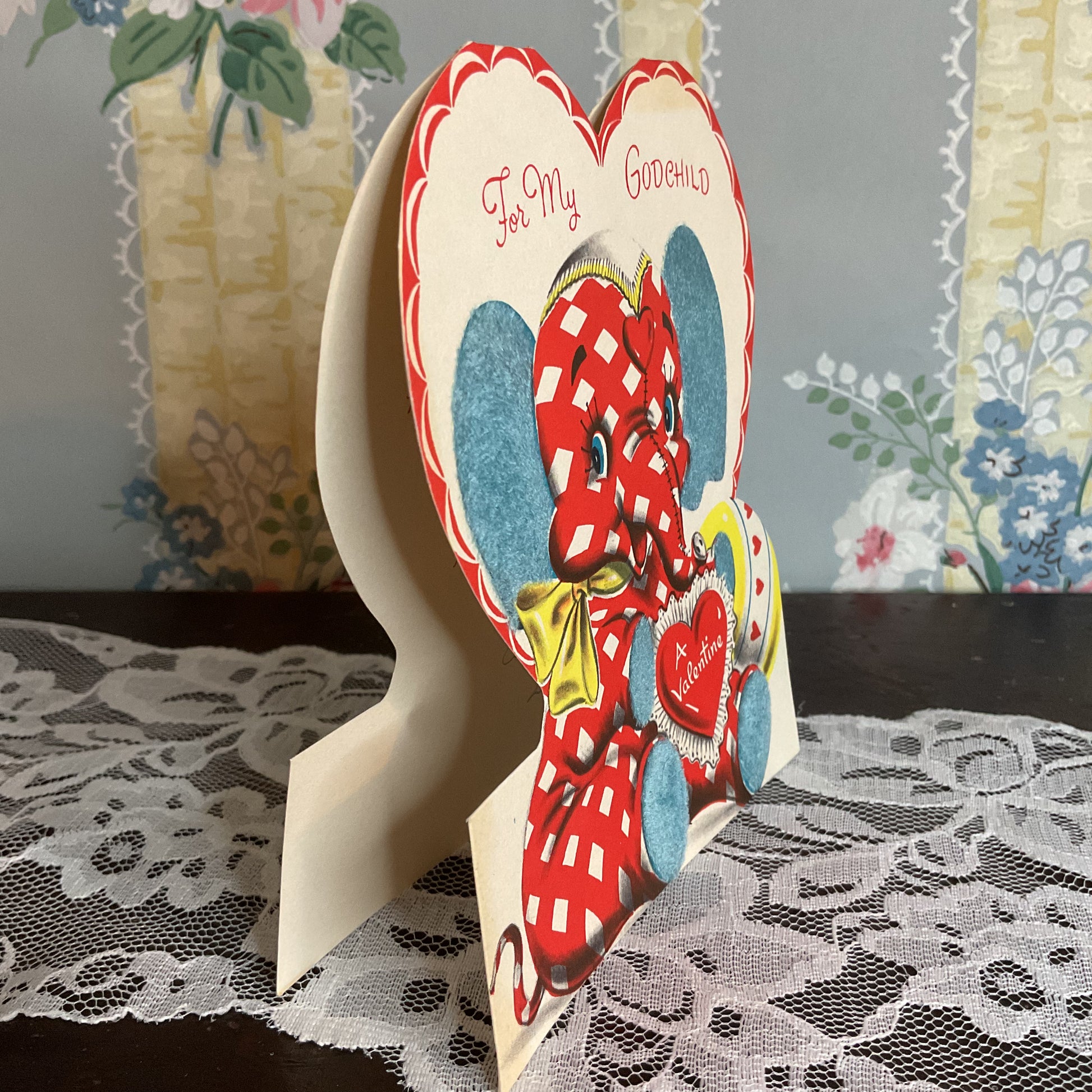 Vintage 1950s Norcross Valentine Card Elephant Flocked Godchild USED - Avid Vintage