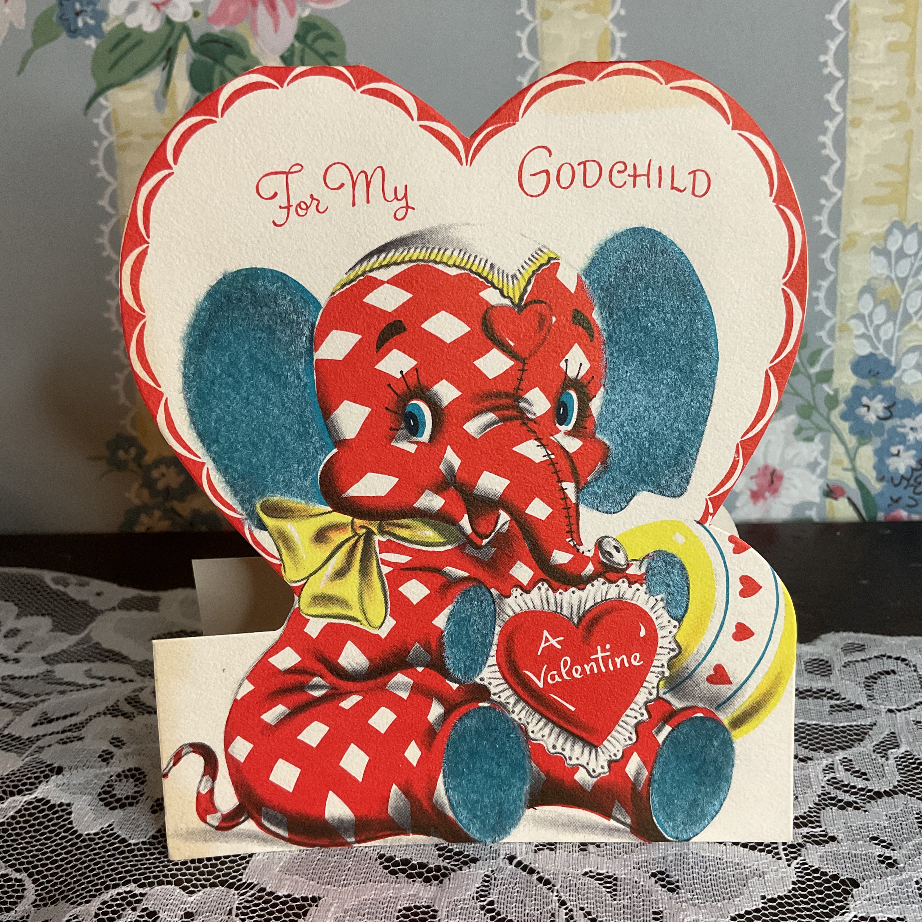 Vintage 1950s Norcross Valentine Card Elephant Flocked Godchild USED - Avid Vintage