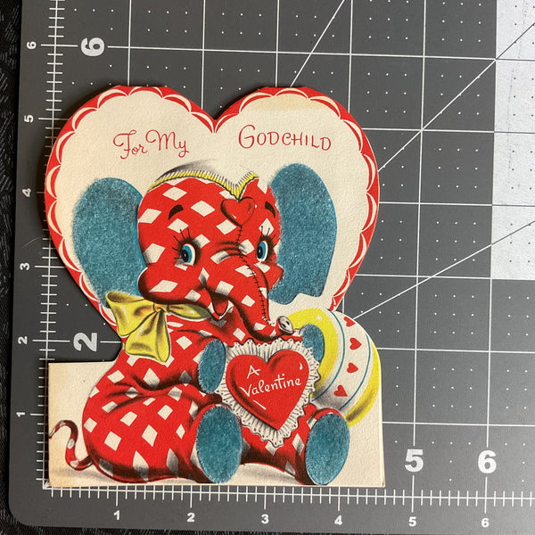 Vintage 1950s Norcross Valentine Card Elephant Flocked Godchild USED