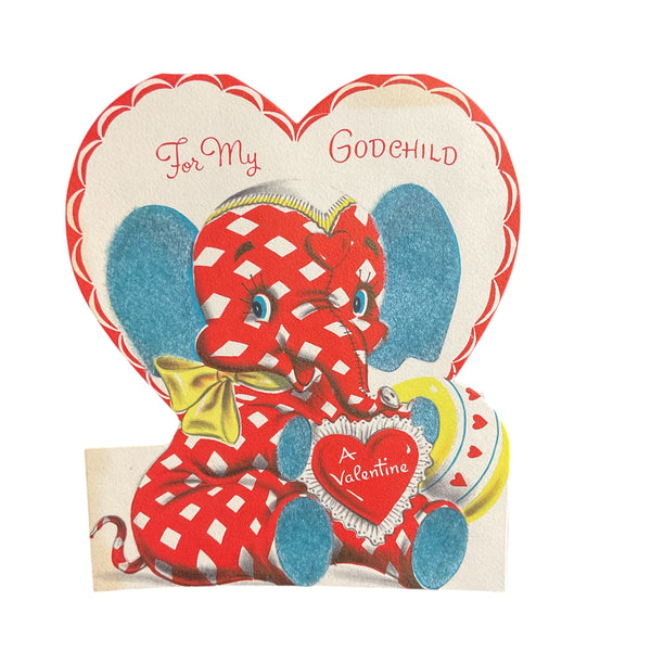 Vintage 1950s Norcross Valentine Card Elephant Flocked Godchild USED