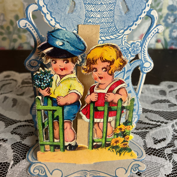 Vintage 1930s 3D Pop Up Valentine Card Boy and Girl Doves Germany