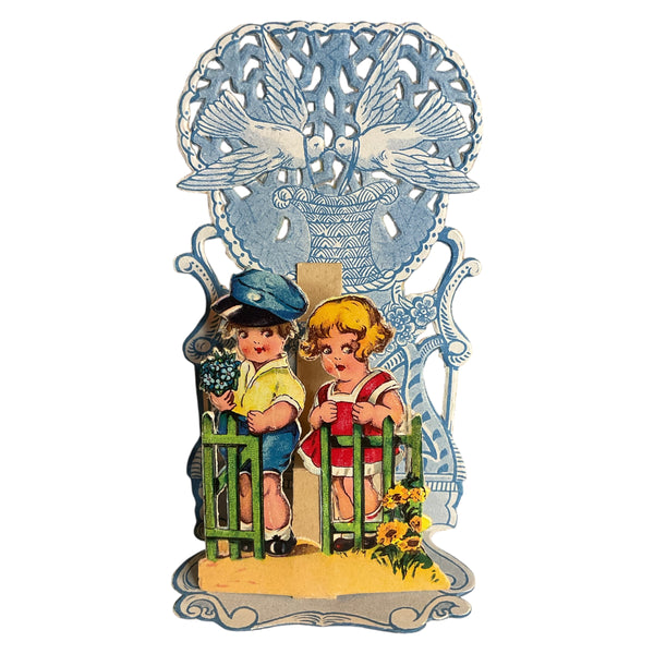 Vintage 1930s 3D Pop Up Valentine Card Boy and Girl Doves Germany