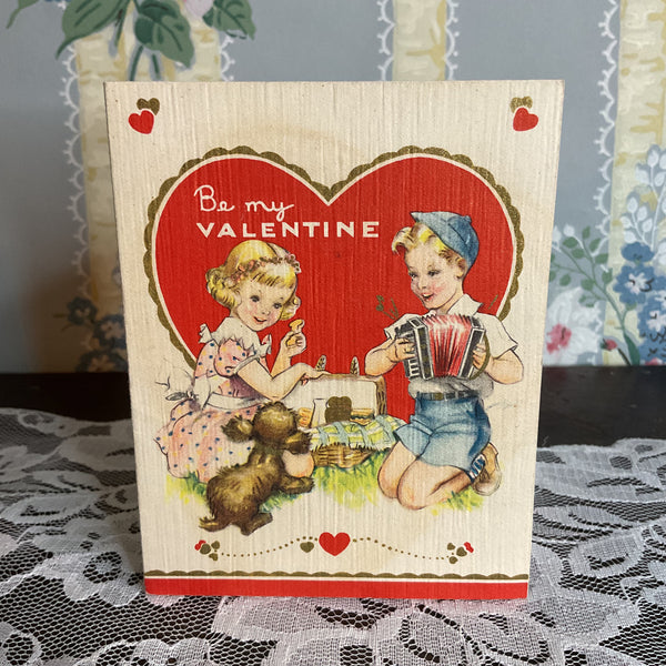 Vintage 1940s Valentine Card Boy Girl Puppy Dog Accordion USED