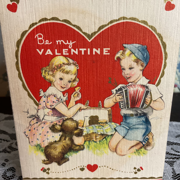Vintage 1940s Valentine Card Boy Girl Puppy Dog Accordion USED