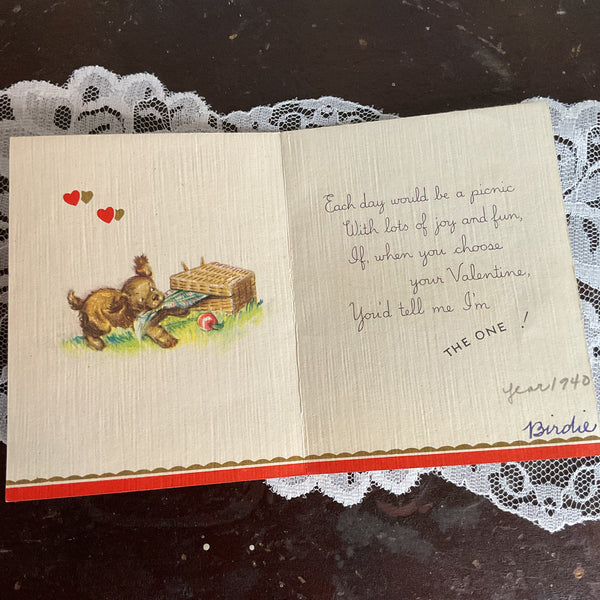 Vintage 1940s Valentine Card Boy Girl Puppy Dog Accordion USED