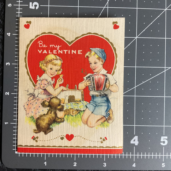 Vintage 1940s Valentine Card Boy Girl Puppy Dog Accordion USED