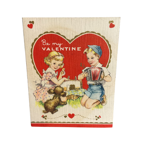 Vintage 1940s Valentine Card Boy Girl Puppy Dog Accordion USED