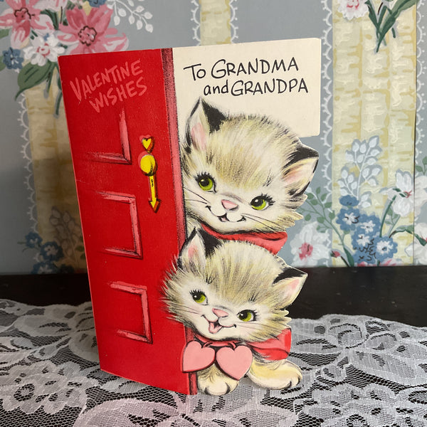 Vintage 1960s Valentine Card Kittens Peek From Door USED