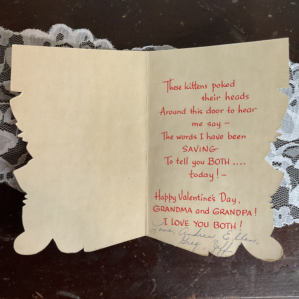 Vintage 1960s Valentine Card Kittens Peek From Door USED