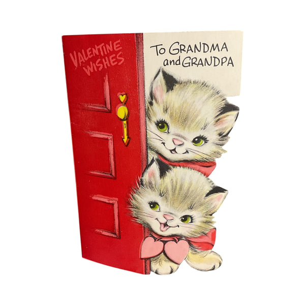 Vintage 1960s Valentine Card Kittens Peek From Door USED
