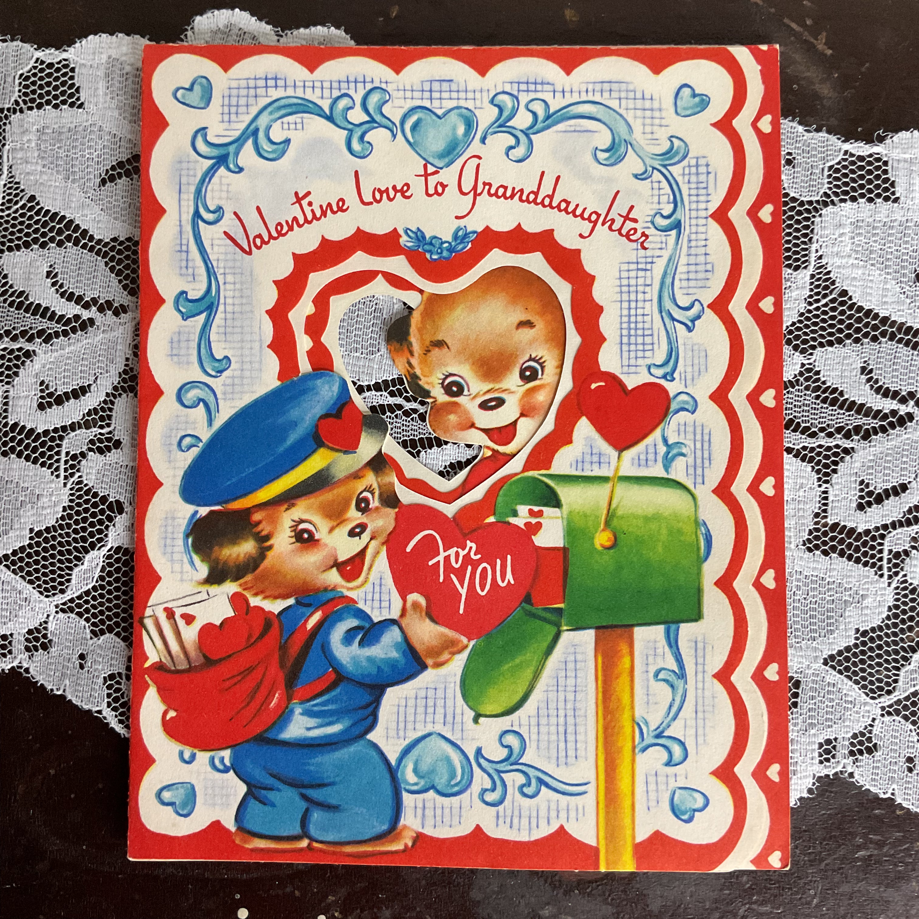 Vintage 1950s Valentine Card Cute Puppy Mailman Granddaughter USED