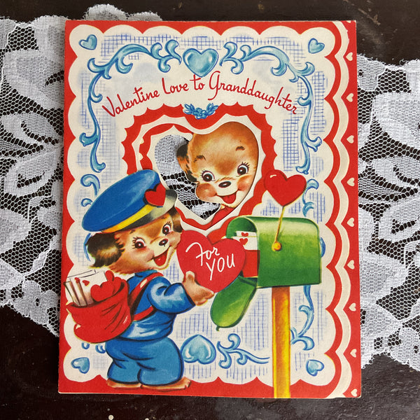 Vintage 1950s Valentine Card Cute Puppy Mailman Granddaughter USED