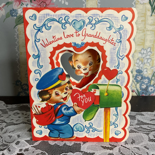 Vintage 1950s Valentine Card Cute Puppy Mailman Granddaughter USED