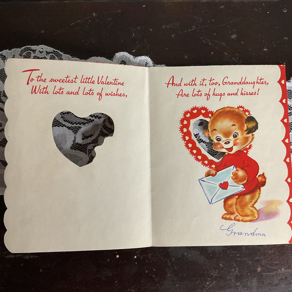 Vintage 1950s Valentine Card Cute Puppy Mailman Granddaughter USED