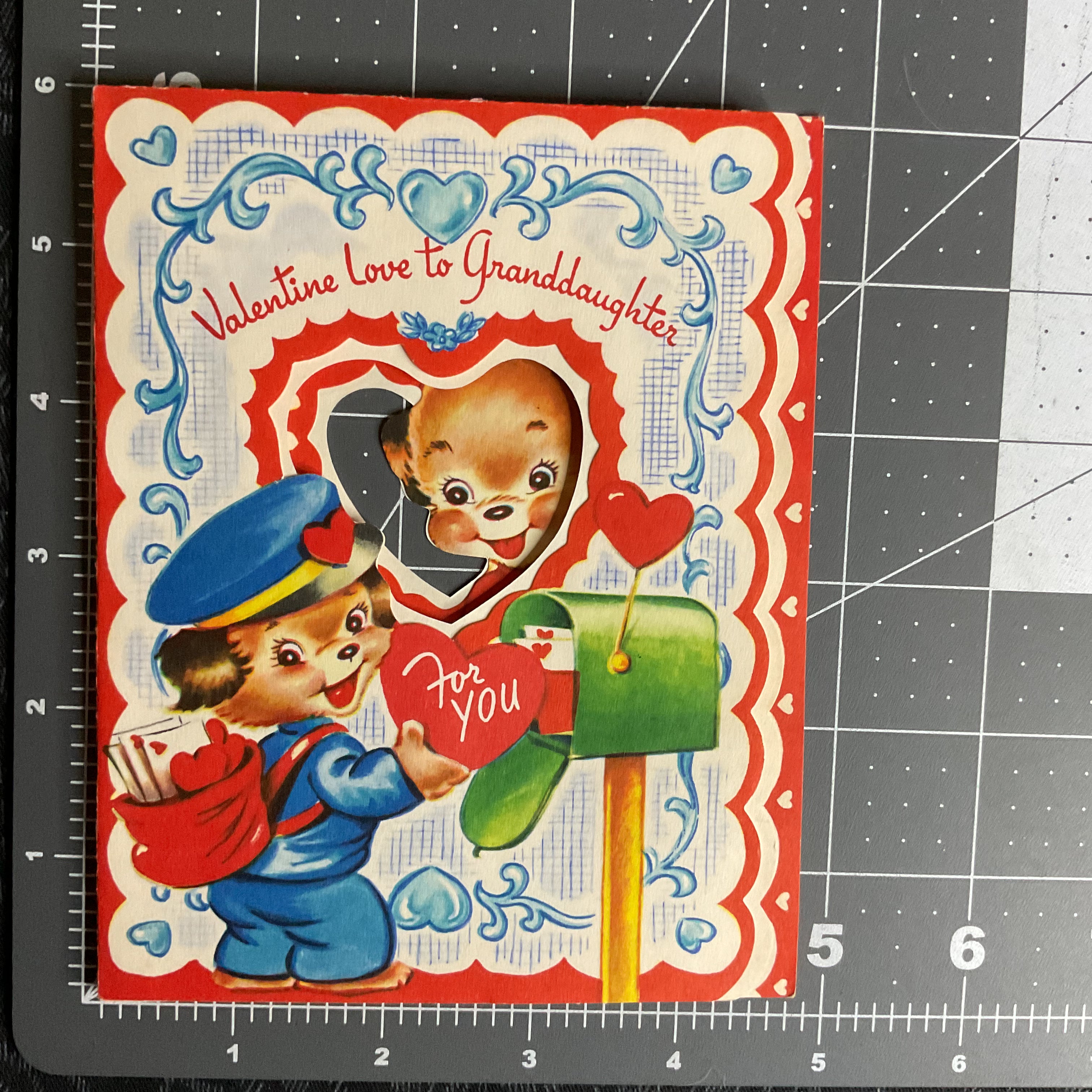 Vintage 1950s Valentine Card Cute Puppy Mailman Granddaughter USED