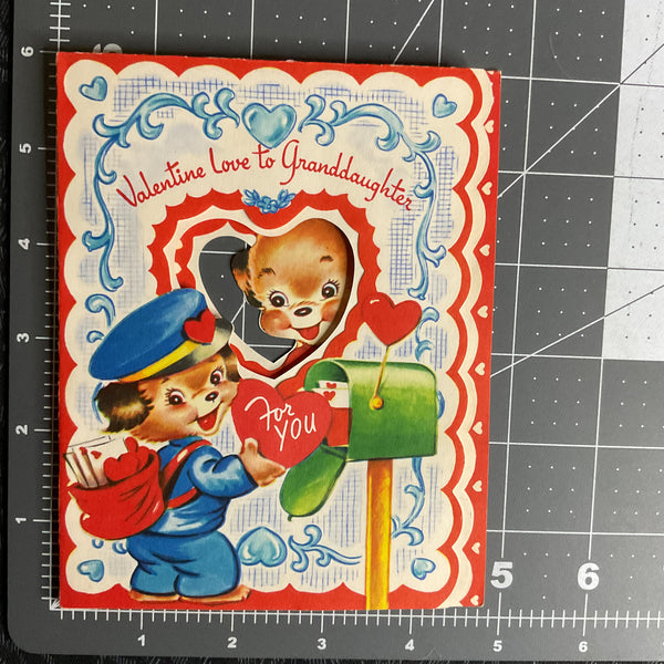 Vintage 1950s Valentine Card Cute Puppy Mailman Granddaughter USED