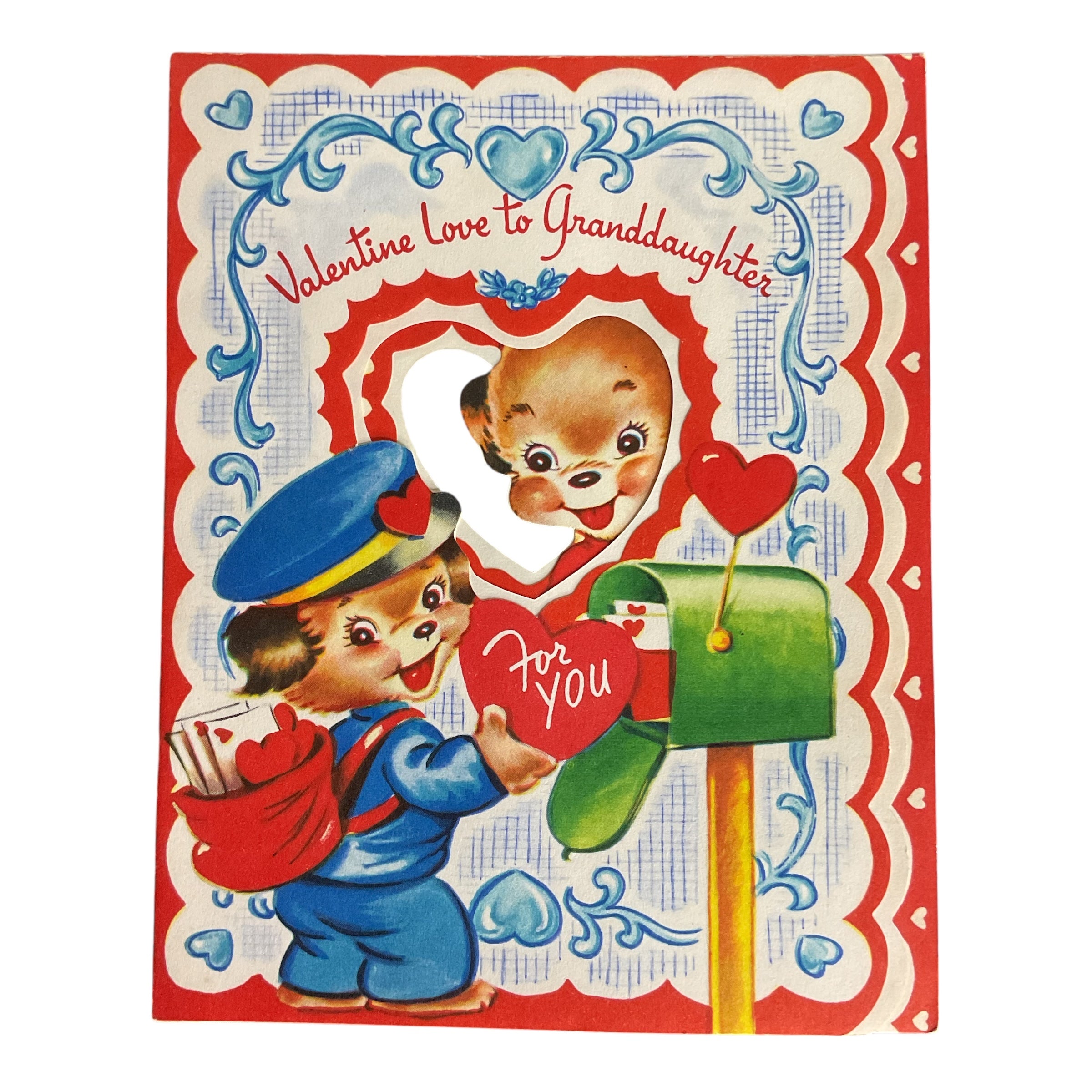Vintage 1950s Valentine Card Cute Puppy Mailman Granddaughter USED