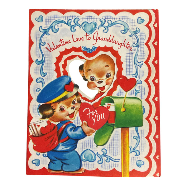 Vintage 1950s Valentine Card Cute Puppy Mailman Granddaughter USED