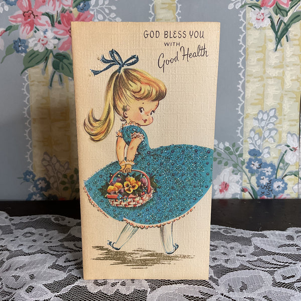 Vintage Get Well Card Sweet Little Girl in Glittery Blue Dress Unused