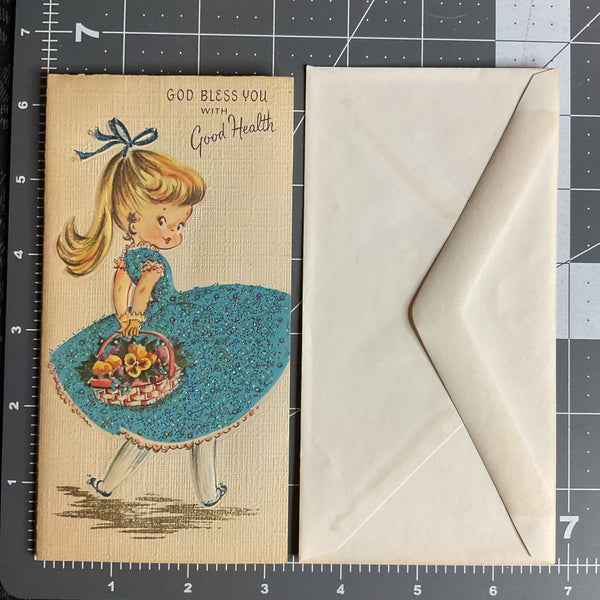 Vintage Get Well Card Sweet Little Girl in Glittery Blue Dress Unused