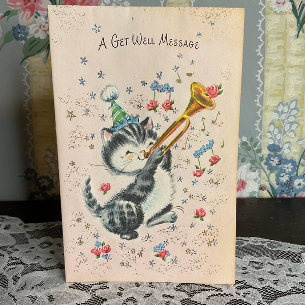 Vintage 1950s Get Well Card Cute Kitten Playing Bugle Unused