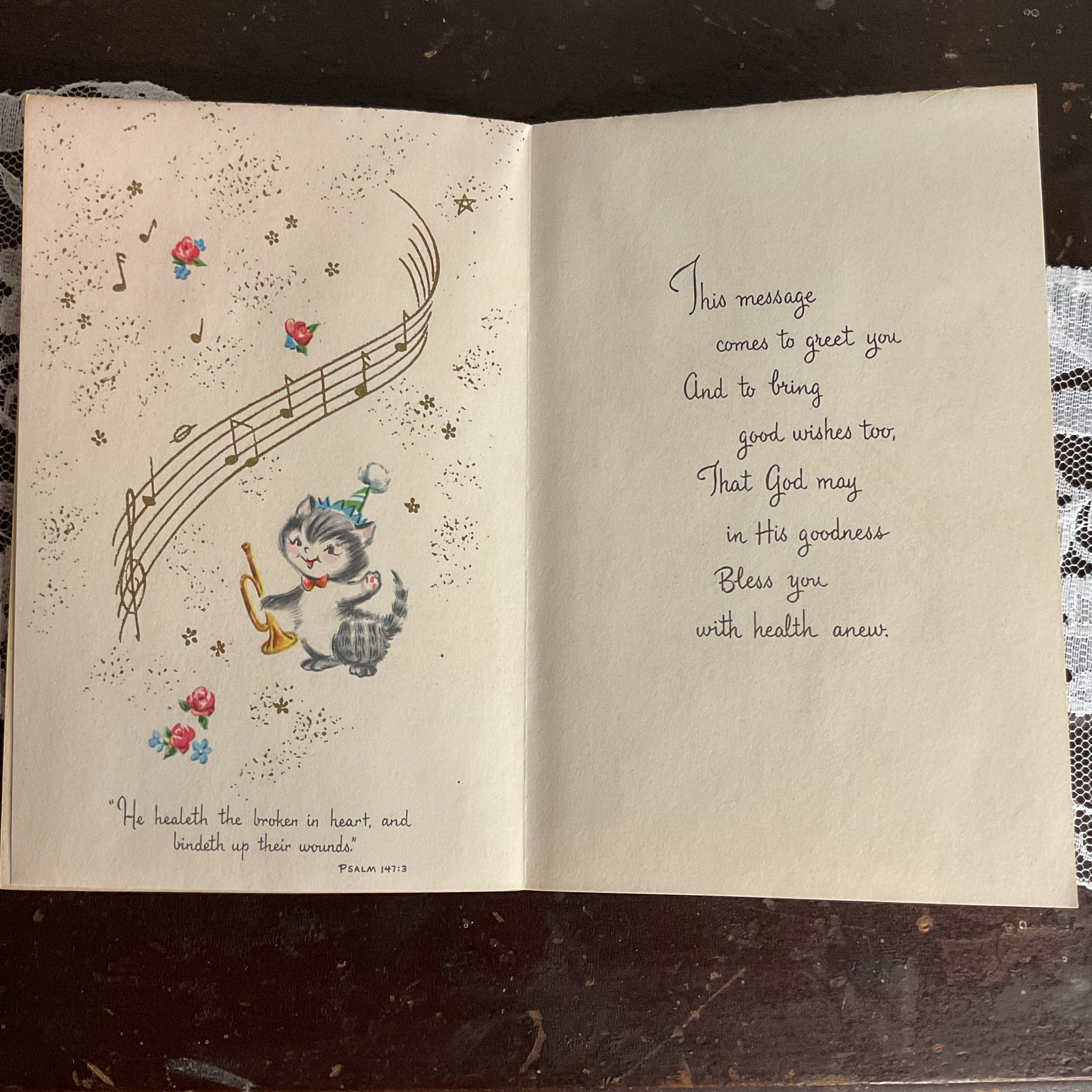 Vintage 1950s Get Well Card Cute Kitten Playing Bugle Unused