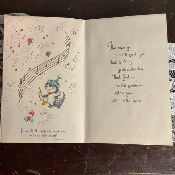 Vintage 1950s Get Well Card Cute Kitten Playing Bugle Unused