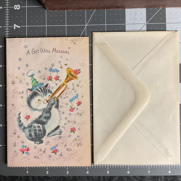 Vintage 1950s Get Well Card Cute Kitten Playing Bugle Unused