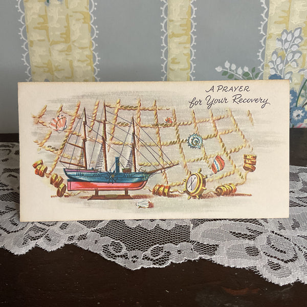 Vintage 1950s Get Well Card Ship and Seashells Unused