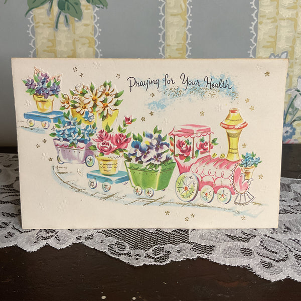 Vintage 1950s Get Well Card Colorful Train Filled With Flowers Unused
