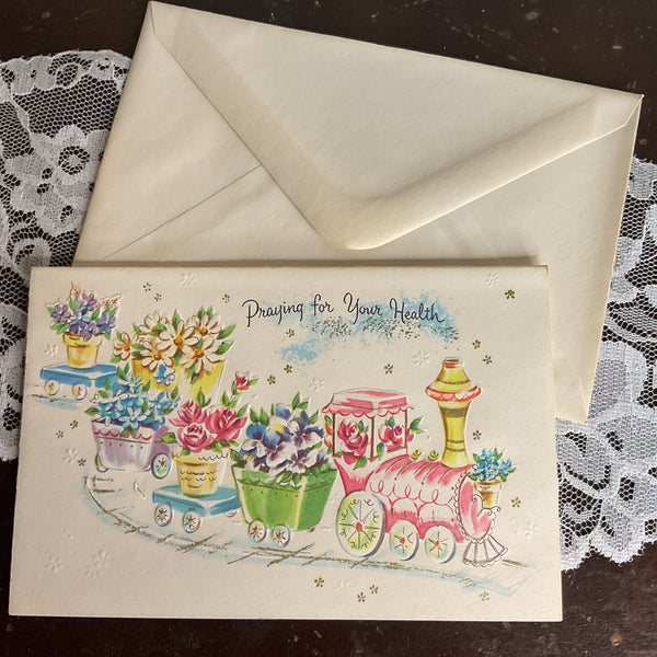 Vintage 1950s Get Well Card Colorful Train Filled With Flowers Unused