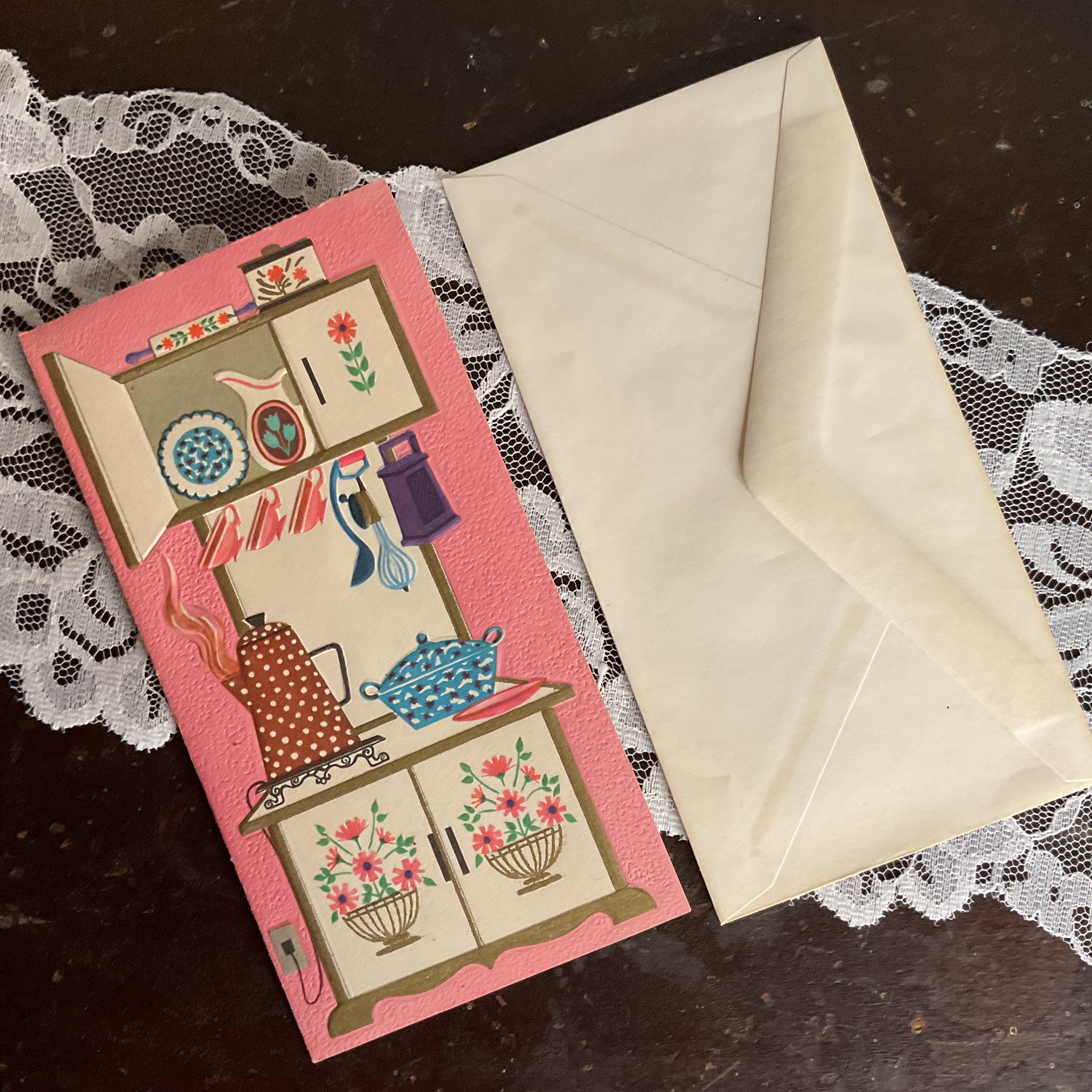 Vintage 1950s Get Well Card Kitchen Cupboard Utensils Unused