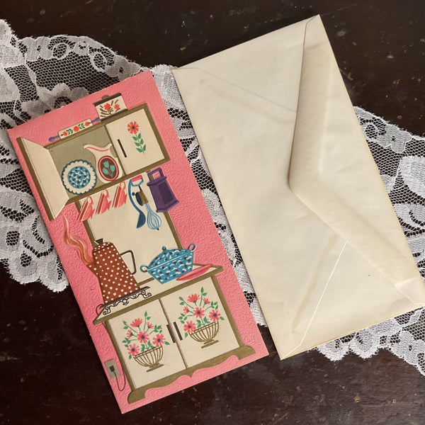 Vintage 1950s Get Well Card Kitchen Cupboard Utensils Unused