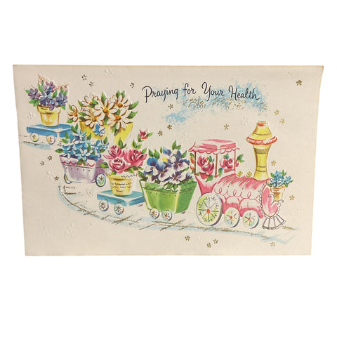 Vintage 1950s Get Well Card Colorful Train Filled With Flowers Unused