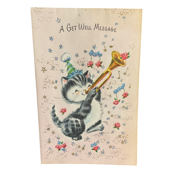 Vintage 1950s Get Well Card Cute Kitten Playing Bugle Unused