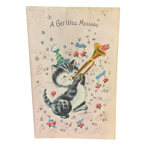 Vintage 1950s Get Well Card Cute Kitten Playing Bugle Unused