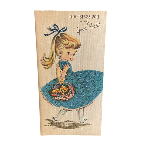 Vintage Get Well Card Sweet Little Girl in Glittery Blue Dress Unused