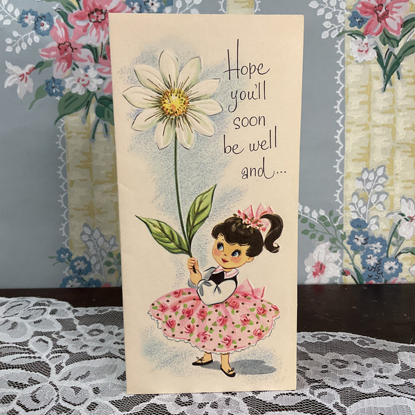 Vintage 1950s Get Well Card Little Girl Holding Huge Daisy Unused