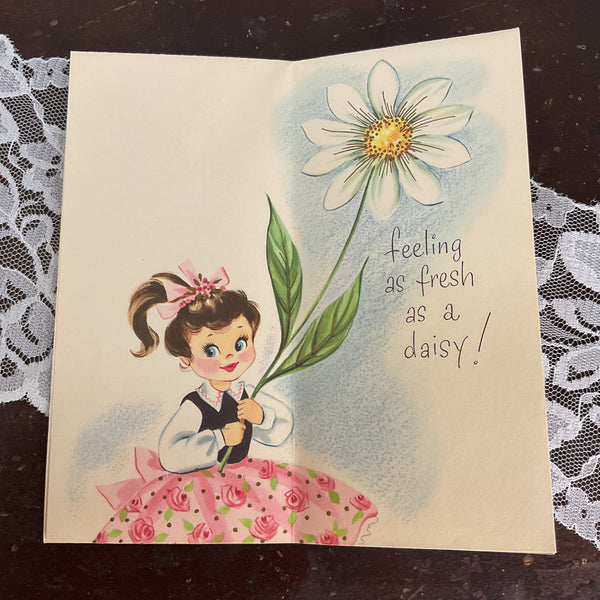 Vintage 1950s Get Well Card Little Girl Holding Huge Daisy Unused