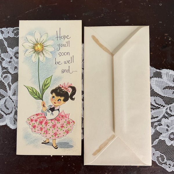 Vintage 1950s Get Well Card Little Girl Holding Huge Daisy Unused
