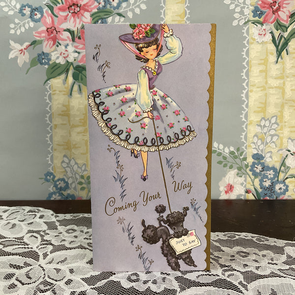 Lady Walking Black Poodle Vintage 1950s Birthday Greetings Card Unused