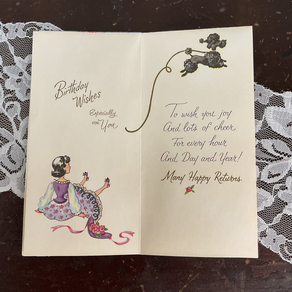 Lady Walking Black Poodle Vintage 1950s Birthday Greetings Card Unused