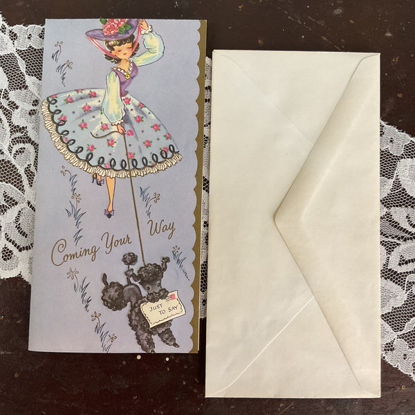 Lady Walking Black Poodle Vintage 1950s Birthday Greetings Card Unused