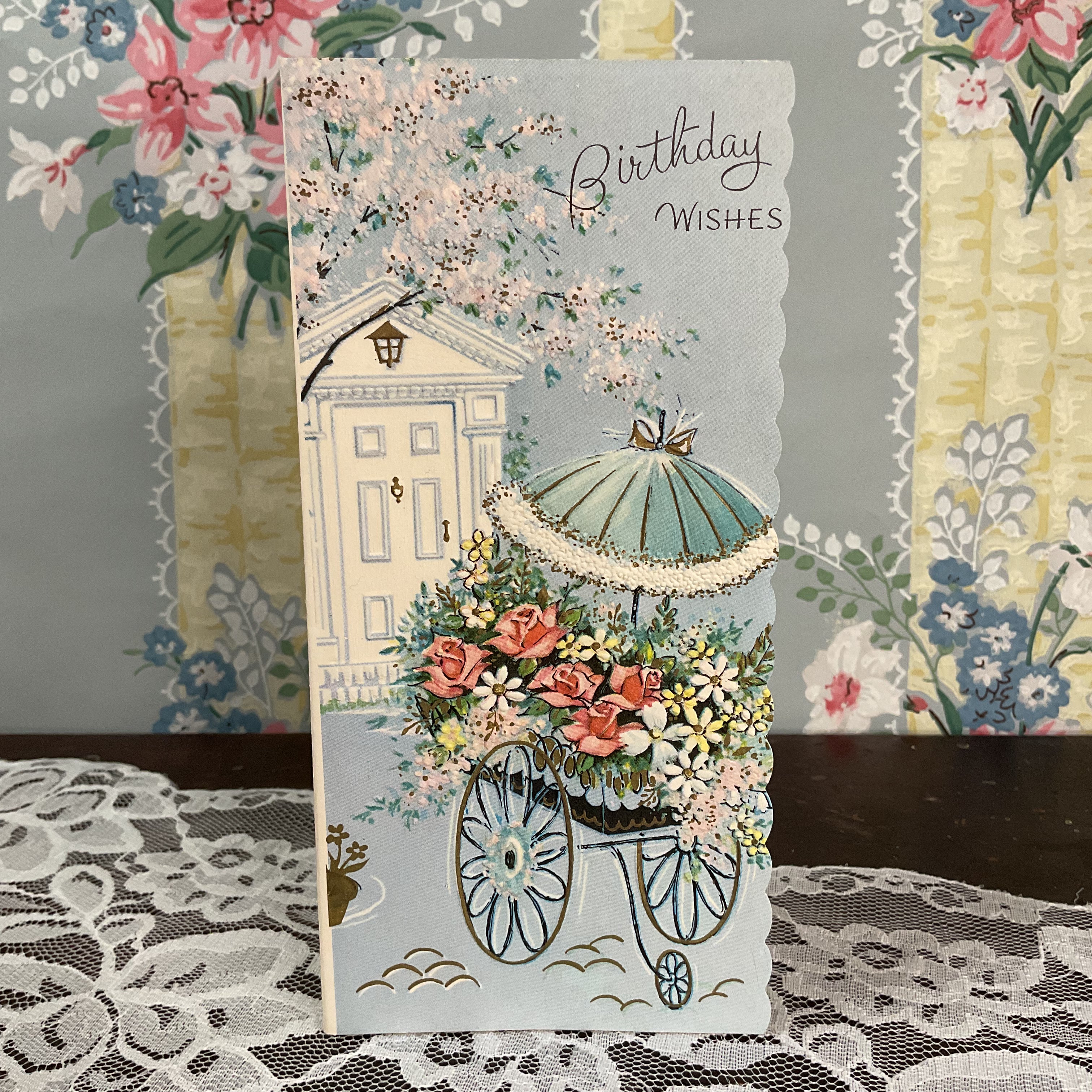 Flower Cart Parasol Vintage 1950s Birthday Wishes Greeting Card Unused