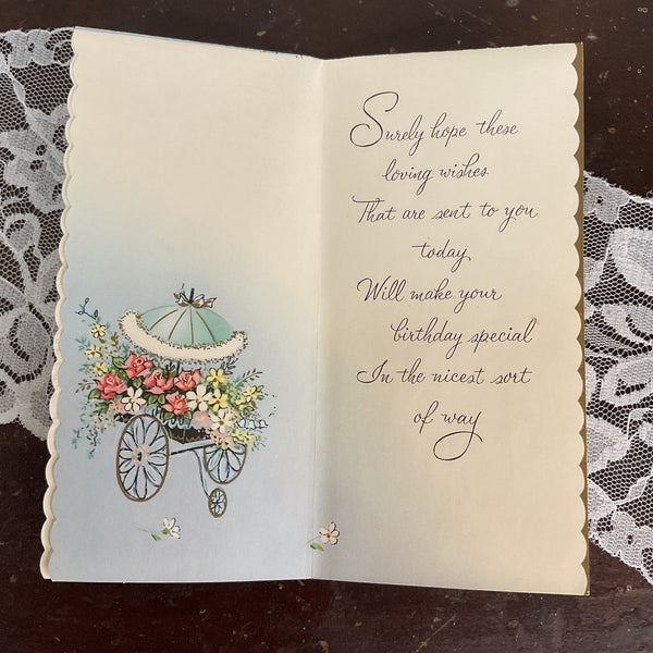 Flower Cart Parasol Vintage 1950s Birthday Wishes Greeting Card Unused