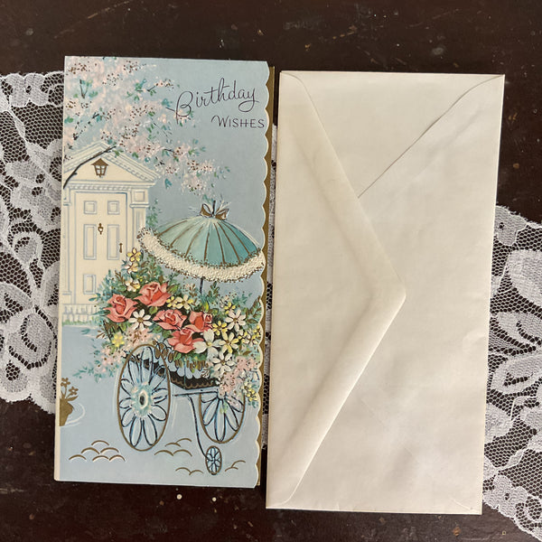 Flower Cart Parasol Vintage 1950s Birthday Wishes Greeting Card Unused