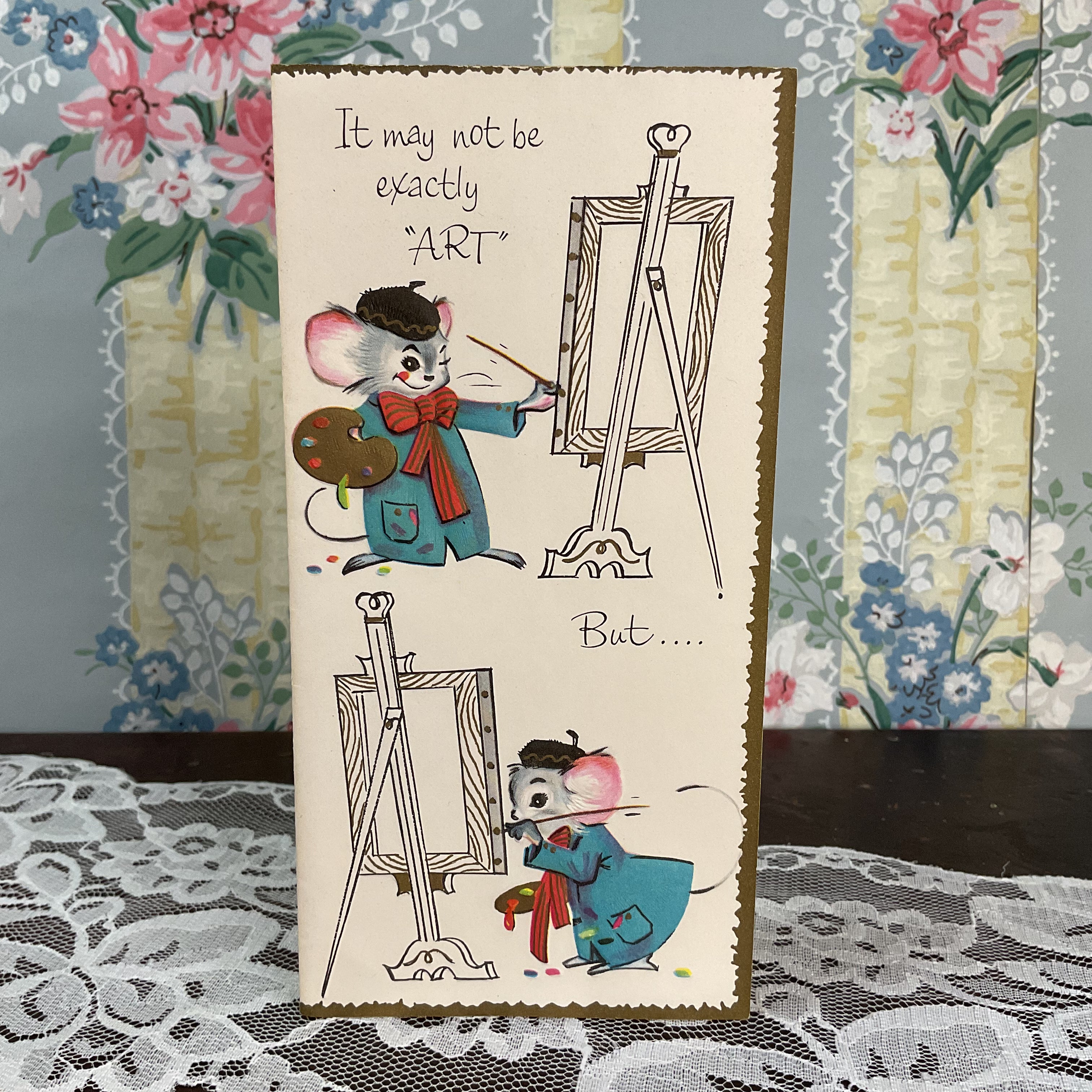 Anthropomorphic Mouse Artist Vintage 1950s Birthday Greeting Card Unused